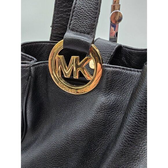 Michael Kors Black Leather Tote Bag With Gold MK Logo & Multiple Pockets - Picture 2 of 11